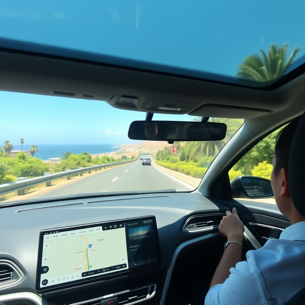 Private transfer vehicle on the road from Agadir Port to Agadir Al Massira Airport with real-time GPS tracking