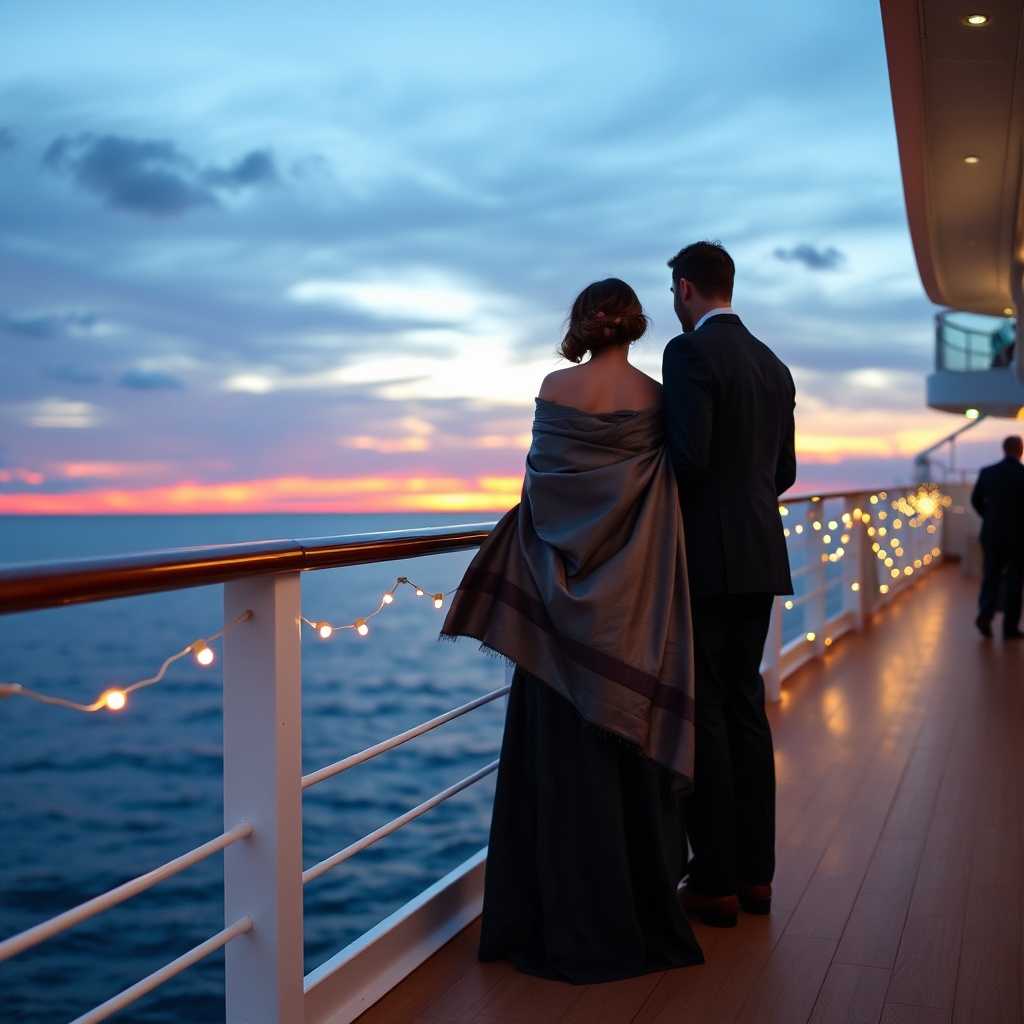 Couple in formal wear on a cruise ship deck at sunset, illustrating the elegant side of a Morocco cruise packing list for evening events and coastal dining