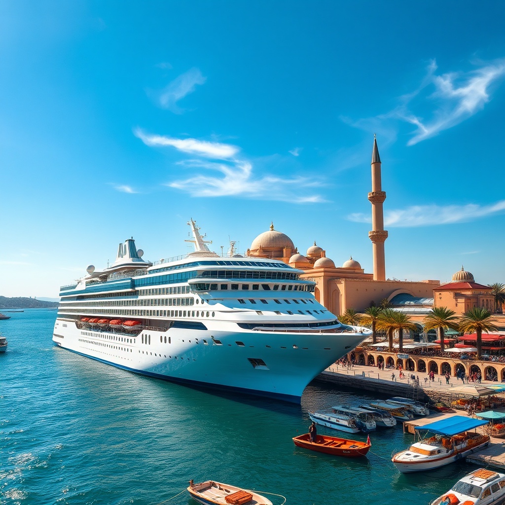 Luxury cruise ship docked in Casablanca port with Hassan II Mosque in background, showcasing ideal Morocco cruise weather with sunny skies and vibrant harbor activity