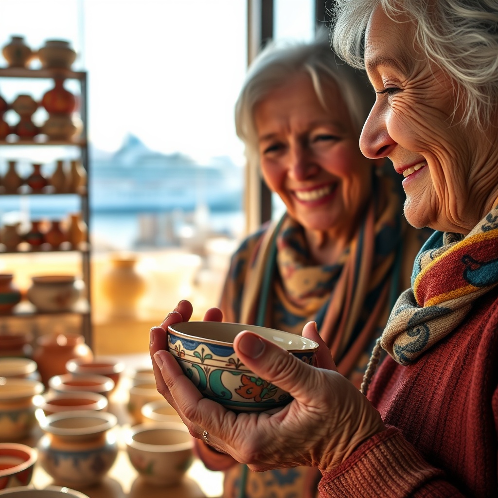 Cruise traveler connecting with a local artisan while examining a handcrafted ceramic bowl, capturing the essence of authentic souvenirs cruise experiences through direct maker interaction and regional craftsmanship.