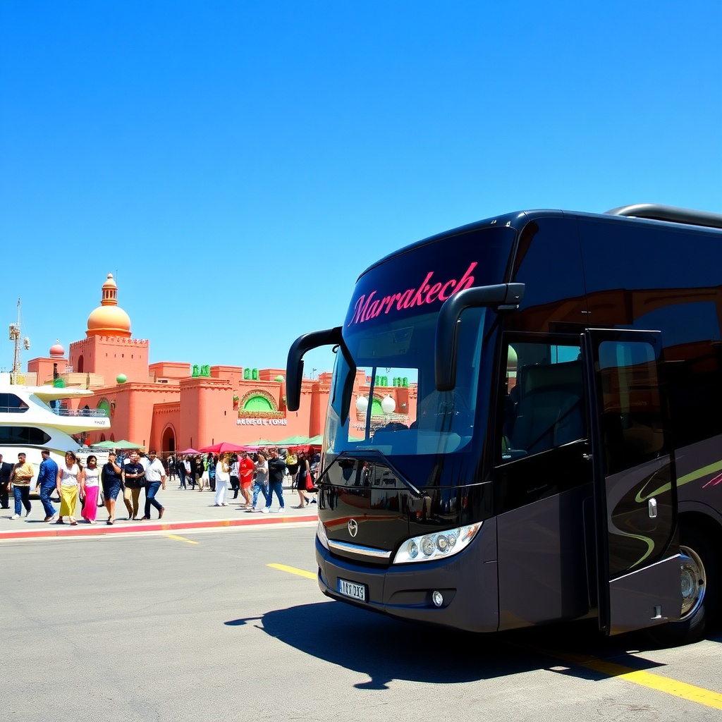Luxury motorcoach at Moroccan port for Marrakech cruise tours with passengers boarding