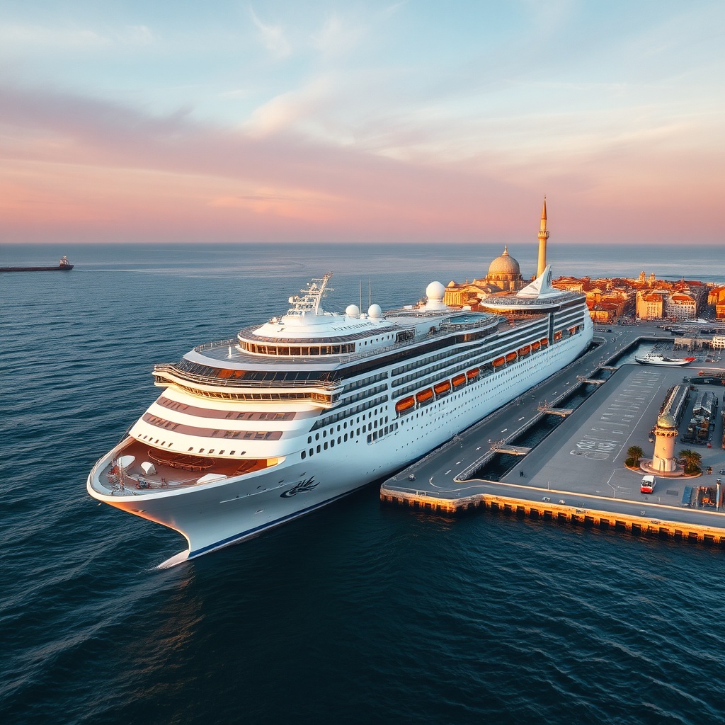 Aerial view of a luxury cruise ship docked at the modern Casablanca cruise port with the Hassan II Mosque and Atlantic Ocean coastline in the background.