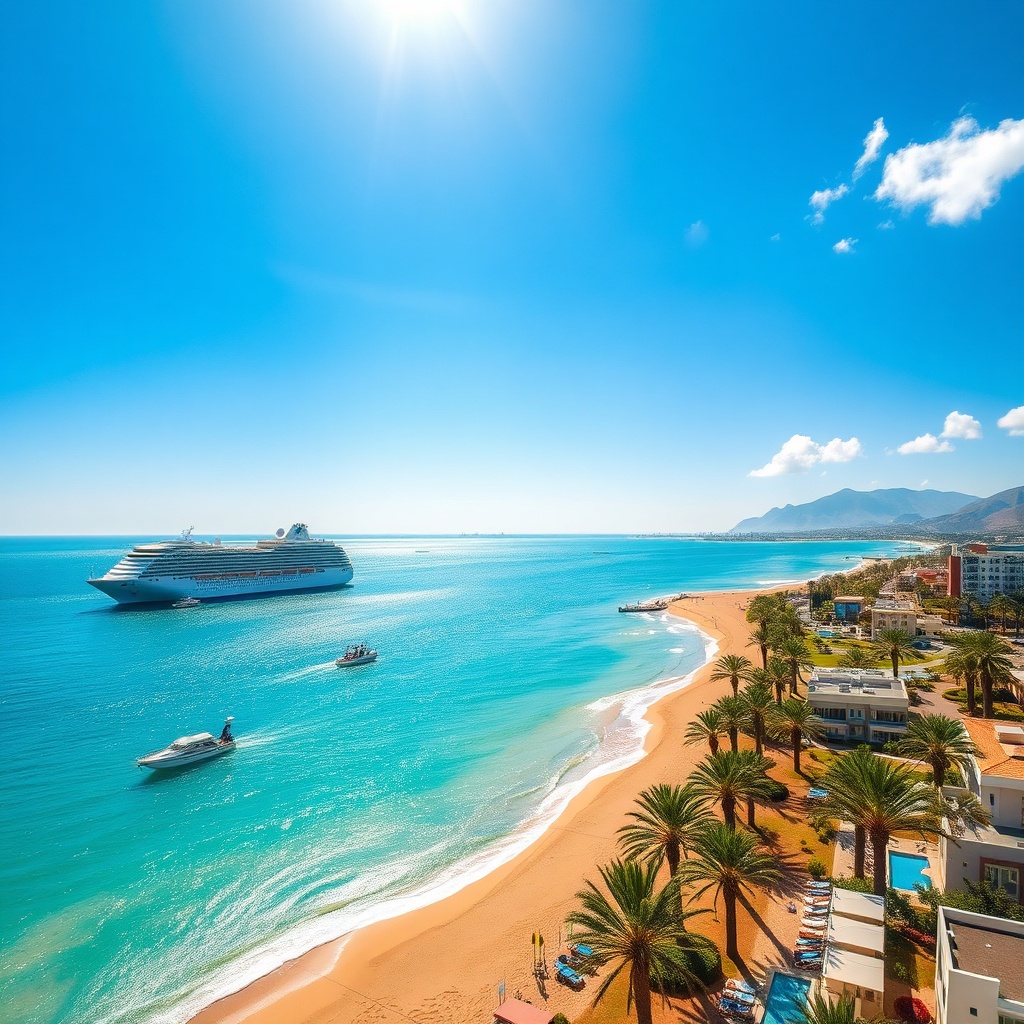 Tangier vs Agadir cruise ports: Agadir's sunny beach port with a cruise ship anchored offshore and tender boats bringing passengers to the golden sands.