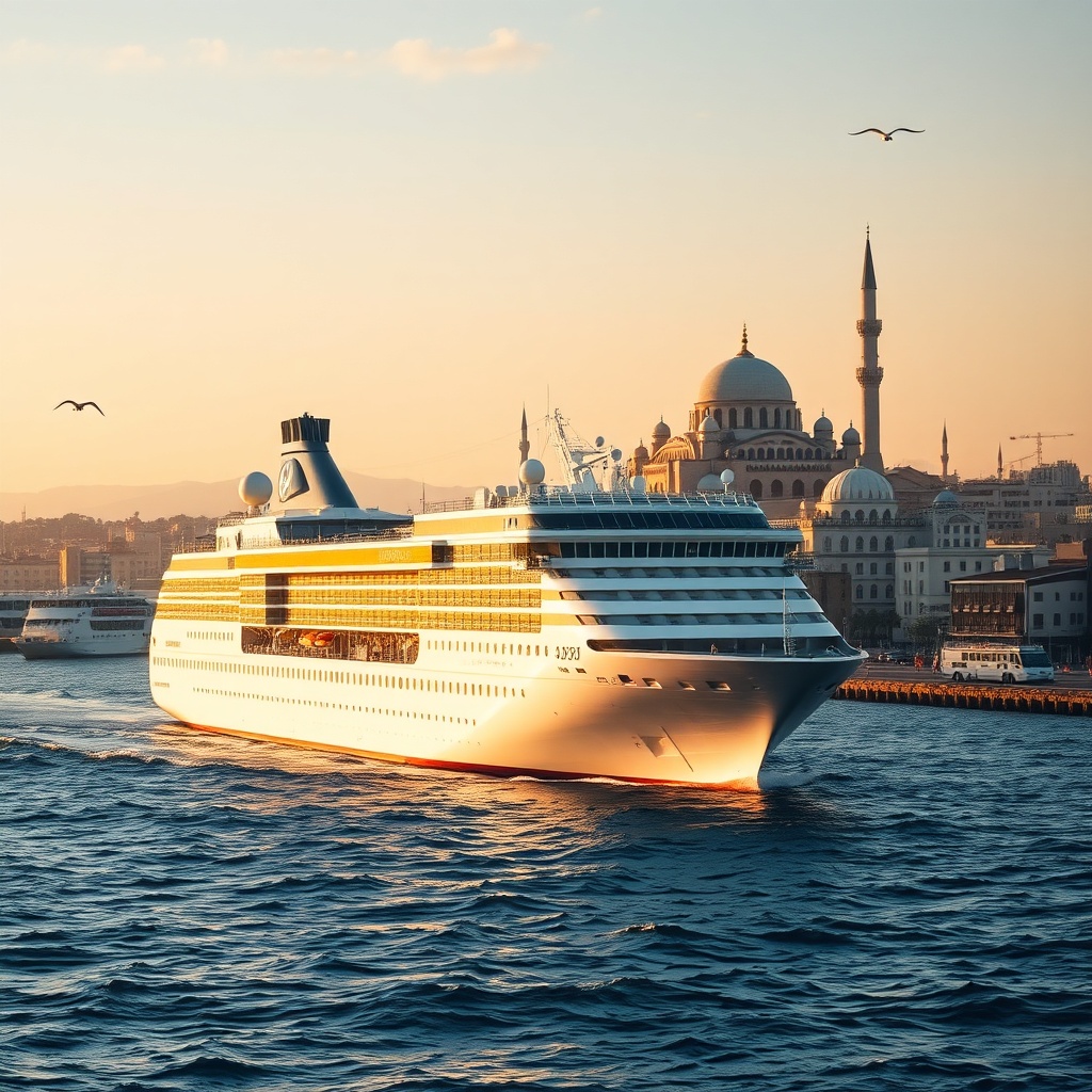 Cruise ship entering Casablanca port with Hassan II Mosque in background, showcasing a popular stop on Morocco cruise itineraries