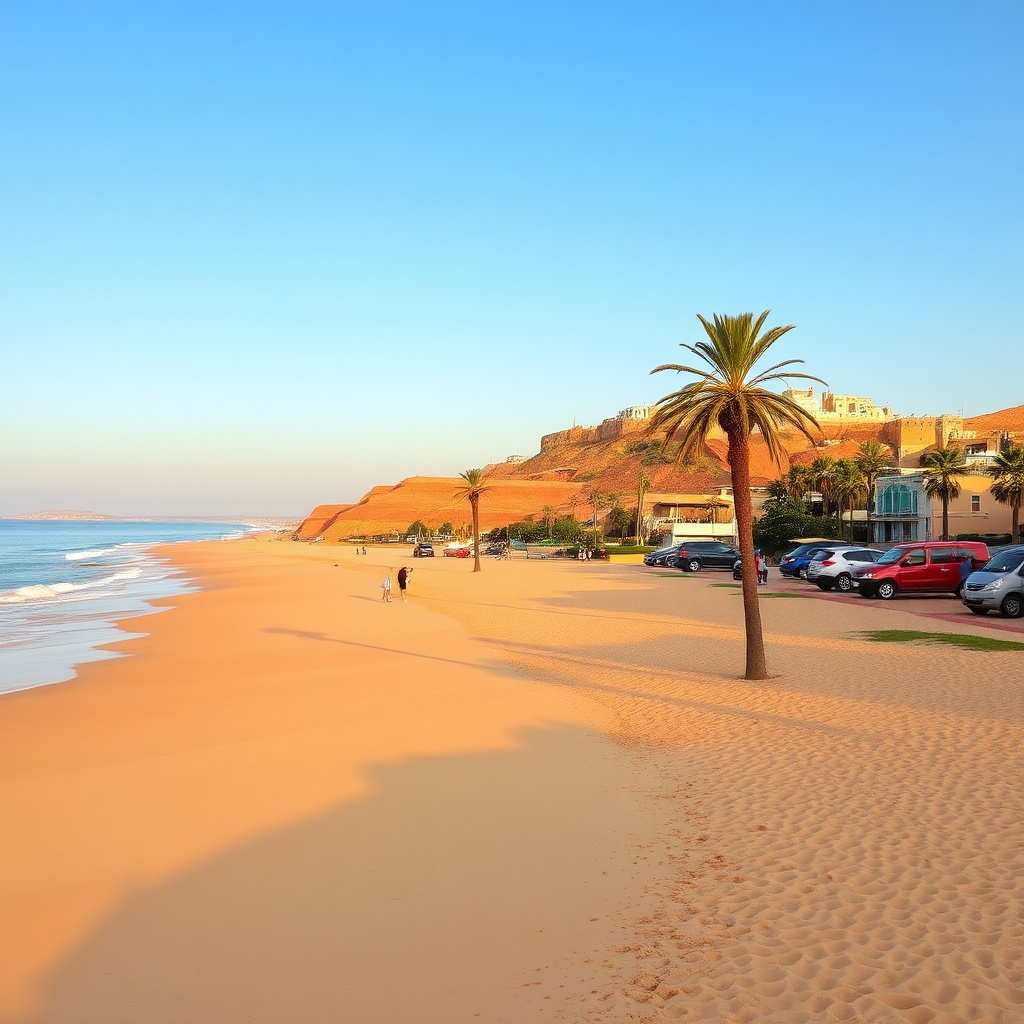Golden beach and historic Kasbah near Agadir cruise port, a popular shore excursion for cruise passengers visiting southern Morocco.