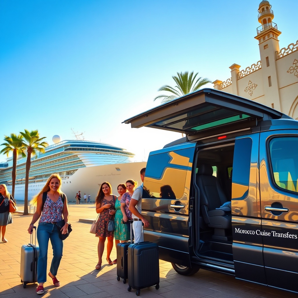Tourists boarding private transfer vehicle at Casablanca Port for seamless Morocco cruise transfers to top destinations