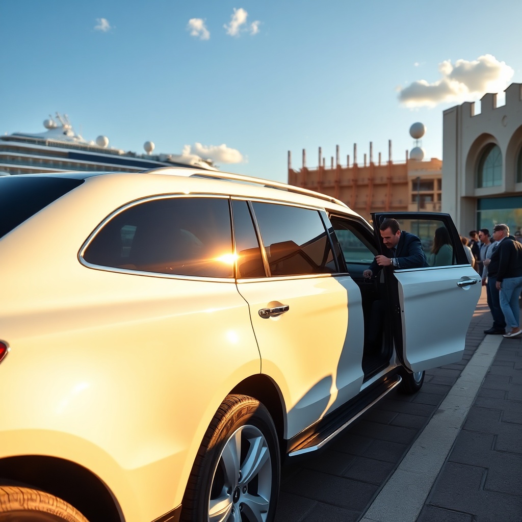 Luxury private car at Casablanca cruise port, ready for a Casablanca to Marrakech cruise transfer, with a cruise ship in the background and a driver welcoming passengers, highlighting a comfortable and reliable shore excursion option.