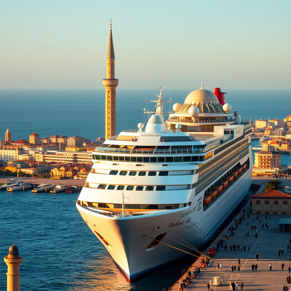 Casablanca vs Tangier cruise port comparison: cruise ship at Casablanca port with Hassan II Mosque minaret and Atlantic skyline, showcasing a Morocco cruise port experience