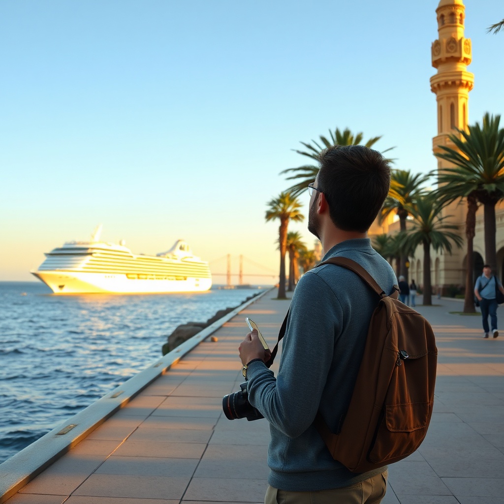 Cruise passenger enjoying the Casablanca Corniche and Hassan II Mosque, one of the best things to do before cruise departs in Casablanca.