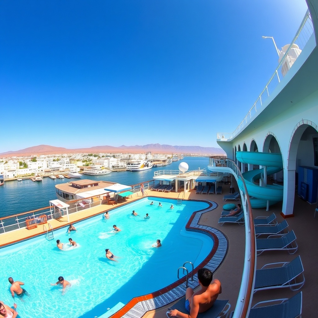 Family-friendly cruise ship with pool and water slides docked in a Moroccan port, offering ideal Morocco cruise itineraries for families with onboard amenities and easy access to North African destinations.