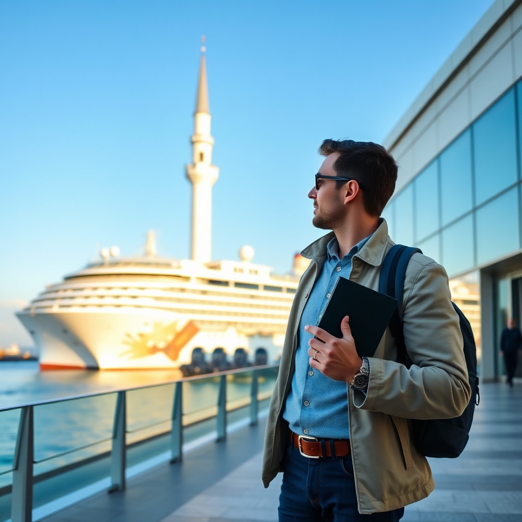 Traveler checking cruise documents at Casablanca port with Hassan II Mosque in background, highlighting essential things to do before cruise departs in Casablanca.