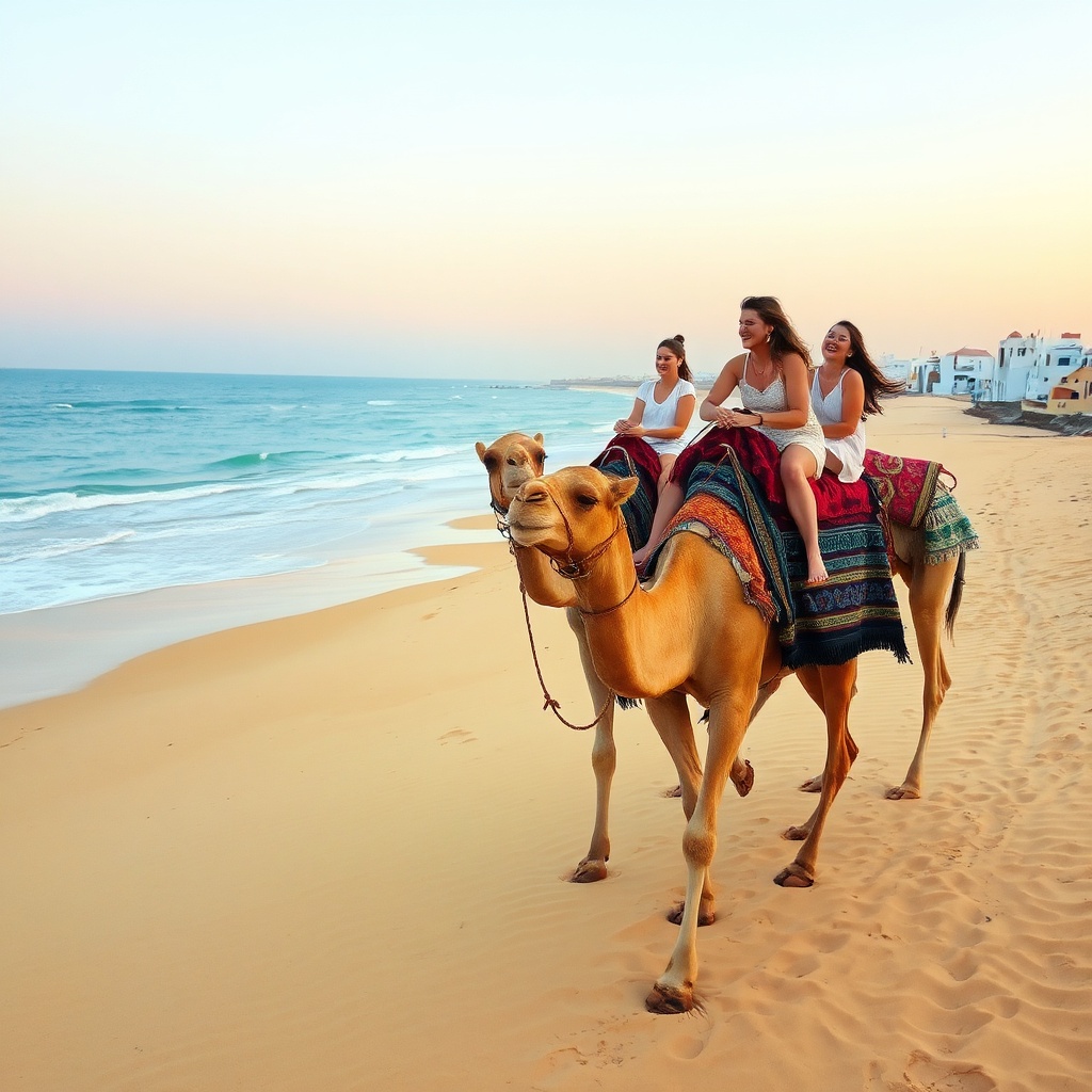 Family camel ride on Essaouira beach during memorable Morocco shore excursions