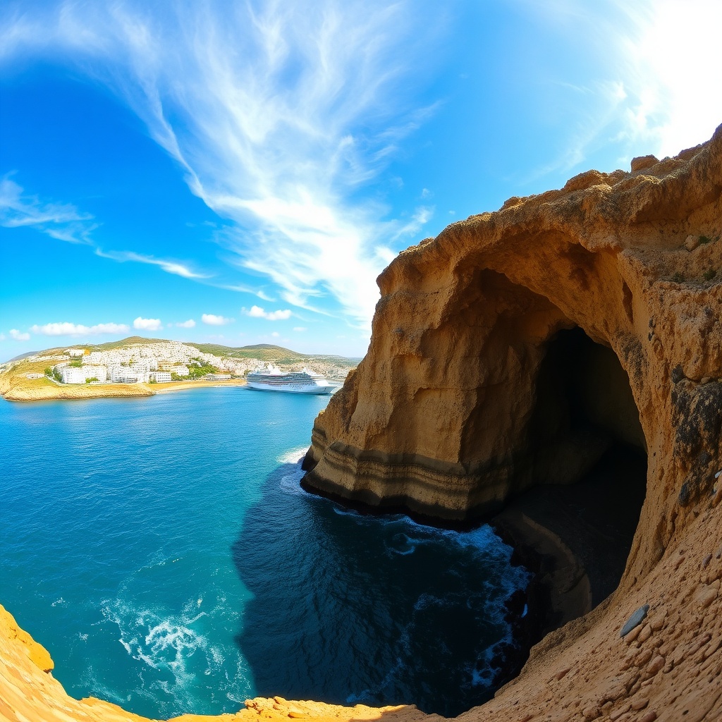Scenic view of the Hercules Caves and Cape Spartel during a Tangier shore excursion, with a cruise ship anchored in the harbor and the whitewashed medina of Tangier rising in the background