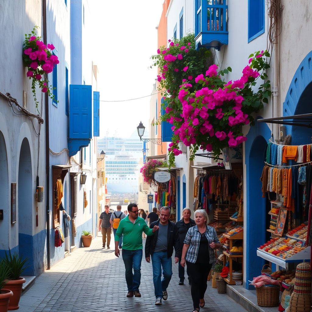Exploring the colorful Kasbah medina on a guided Tangier shore excursion, with a cruise ship visible in the harbor and vibrant local culture and architecture