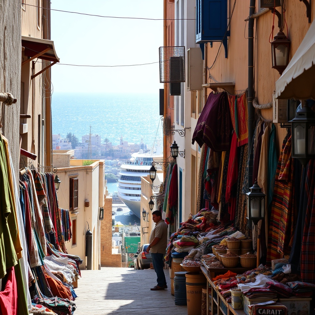 Colorful market stalls in Tangier medina with a cruise ship in the harbor, illustrating shore excursions available on Morocco cruise itineraries