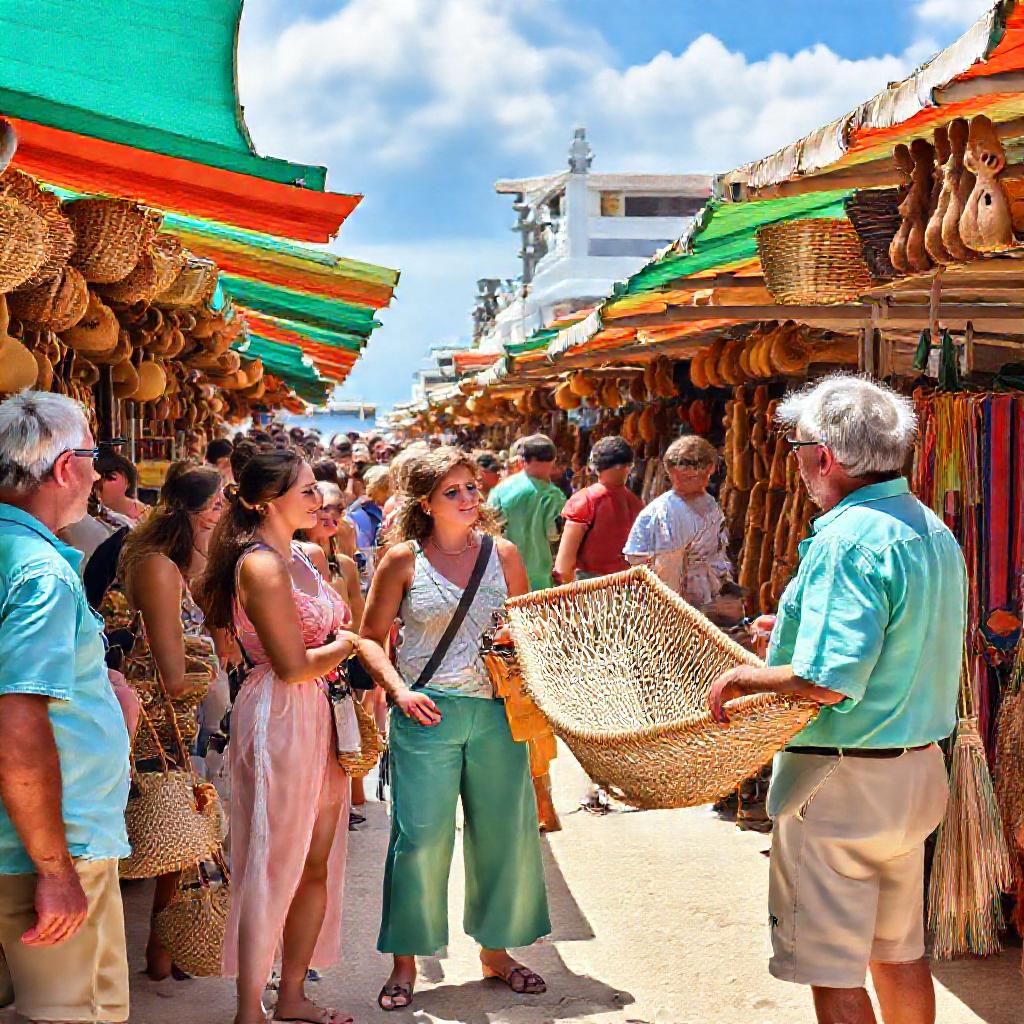 Cruise passengers exploring a local cooperative market filled with handcrafted goods, seeking authentic souvenirs cruise experiences by learning about each item's origin and maker from regional artisans.