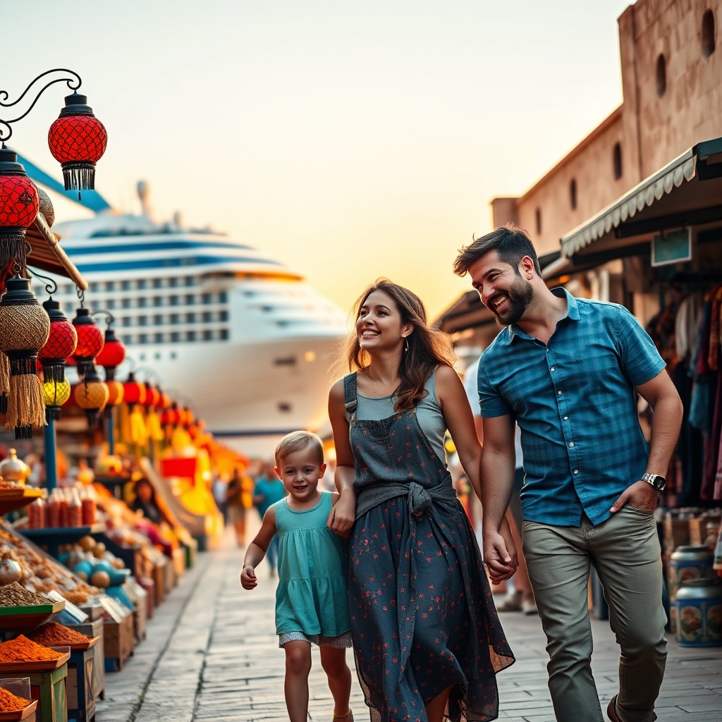 Family exploring a vibrant Moroccan medina during a shore excursion, with a cruise ship docked in the background, showcasing Morocco cruise itineraries for families that combine cultural immersion with the convenience of a floating resort.