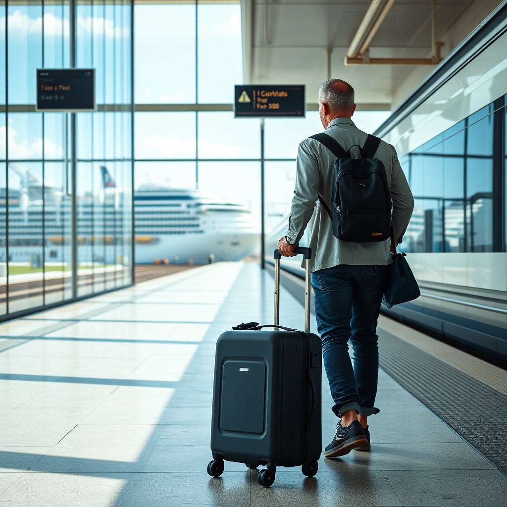 Budget transfer from Casablanca airport to cruise port by train and taxi, showing a traveler at Casa-Port station.