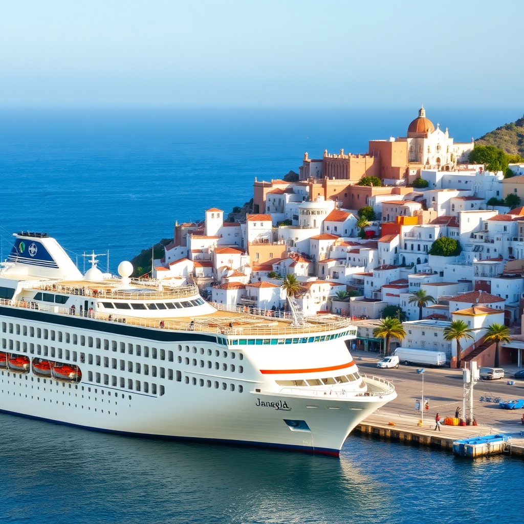 Casablanca vs Tangier cruise port comparison: Tangier cruise port with Kasbah, whitewashed medina, and Mediterranean waters, highlighting a smaller Morocco cruise port