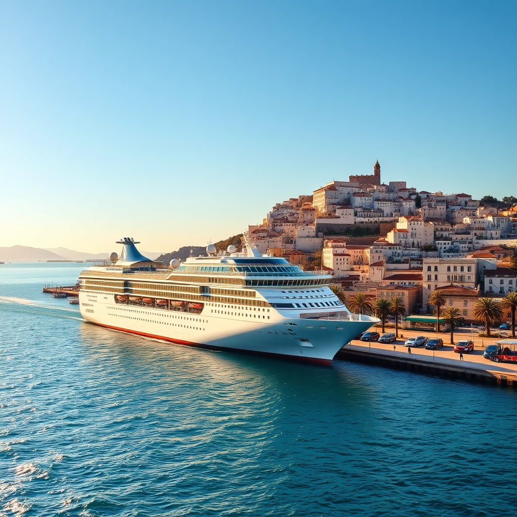 Tangier vs Agadir cruise ports: Tangier's cultural port with a cruise ship docked near the historic medina and Kasbah, with views of Spain across the Strait.
