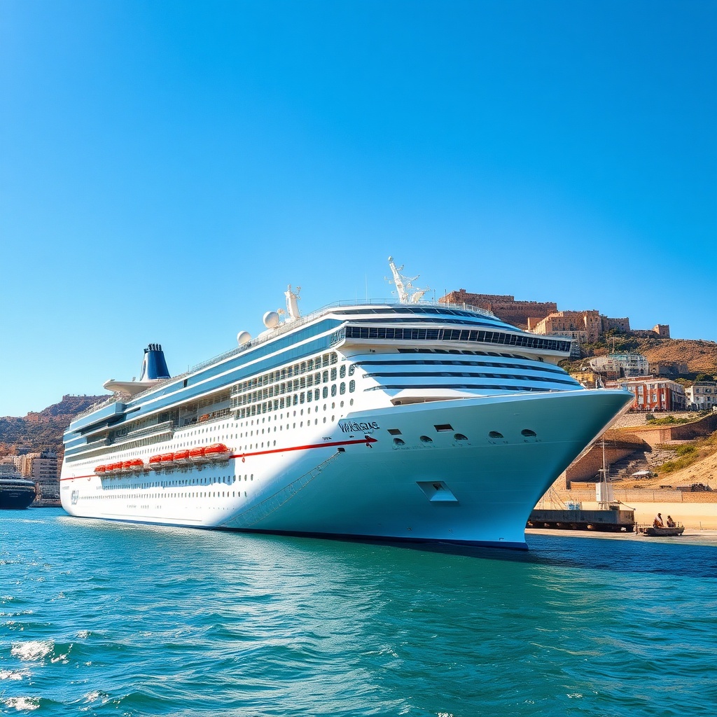 Cruise ship docked at Agadir cruise port with the Kasbah and beach in the background, offering a scenic gateway to southern Morocco.